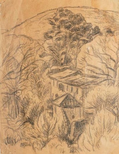 null GUILLOUX Charles Victor, 1866-1946, 

Mas aux arbres, 

dessin au crayon noir...