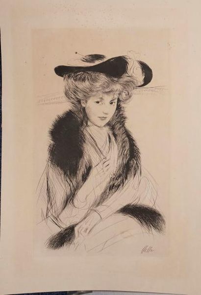 null HELLEU Paul César, 1859-1927, 

Jeune femme au chapeau et au boa, 1882, 

pointe-sèche...