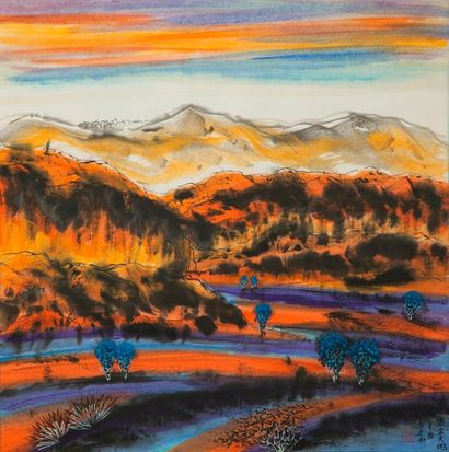 null HUANG Jiannan, né en 1952, 

La vallée aux arbres bleus, 

aquarelle et gouache...