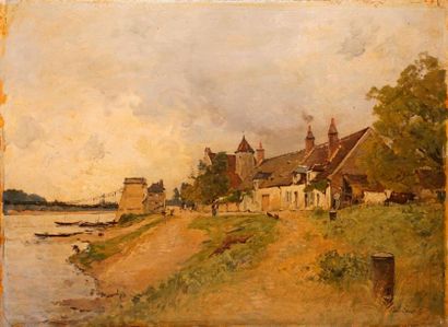 null LECOMTE Paul, 1842-1920, 

Village en bord de rivière, 

huile sur panneau (vernis...