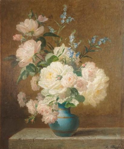 null PERRACHON André, 1827-1909, 

Bouquet de roses blanches au vase, 1869, 

huile...