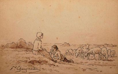 null CHAIGNEAU Jean Ferdinand, 1830-1906,
Berger et son chien - Couple de bergers...