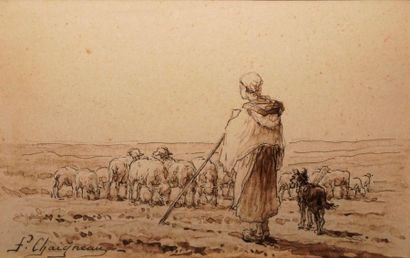 null CHAIGNEAU Jean Ferdinand, 1830-1906,
Berger et son chien - Couple de bergers...
