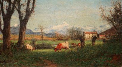 null CHAVET Joseph Victor, 1822-1906,
La campagne suisse,
huile sur toile (craquelures),...