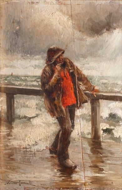 null GOENEUTTE Norbert, 1854-1894, 

Marin sur la digue par gros temps, 1882, 

huile...