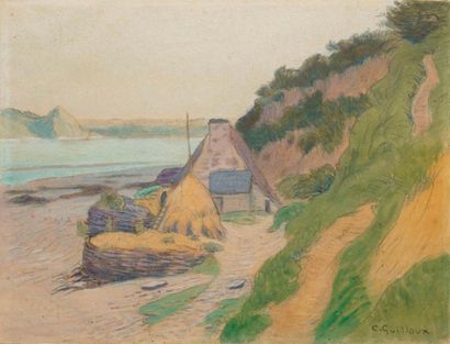 null GUILLOUX Charles Victor, 1866-1946, 

Chaumière au bord d'aven, 

aquarelle,...