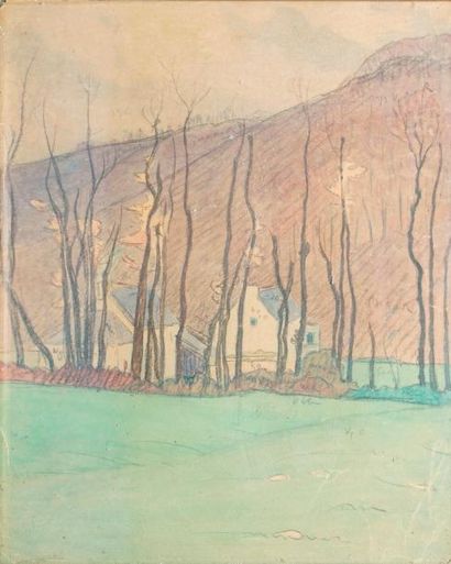 null GUILLOUX Charles Victor, 1866-1946, 

Maison bretonne derrière les arbres, 

aquarelle...