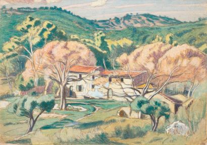 null GUILLOUX Charles Victor, 1866-1946,

Les mas aux pied des collines, 

aquarelle...