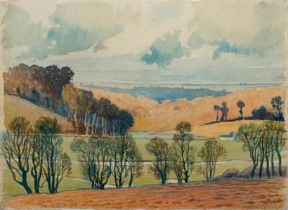 null GUILLOUX Charles Victor, 1866-1946, 

Vallée à l'automne, 

aquarelle et crayons...
