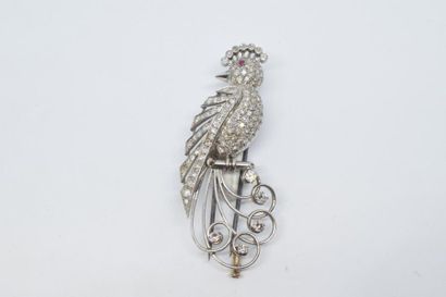 null Clip de corsage en or gris 18K (750) stylisant un oiseau serti de diamants taillés...