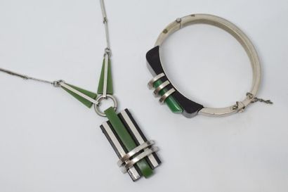 null Collier et bracelet Art Déco en métal et composition verte et noire (acc. -...