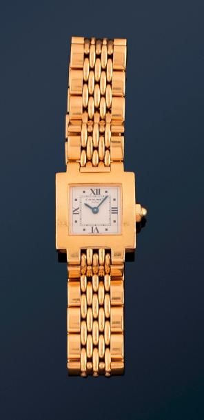 null Montre bracelet de dame à quartz en or jaune 18K (750) à boitier carré, le bracelet...