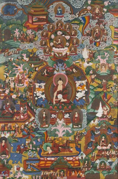 null Thangka en polychromie sur textile représentant Bouddha assis sur une base lotiforme...