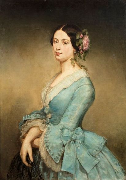 null GUILLOT-SAGUEZ Amélie, 1810-1864, 

Portrait de femme à la robe bleue, 1853,...