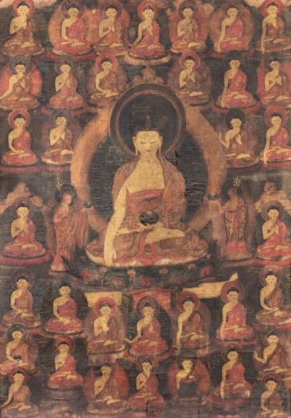 null THANGKA EN POLYCHROMIE ET REHAUTS DORÉS SUR TOILE

représentant le Bouddha Shakyamuni...