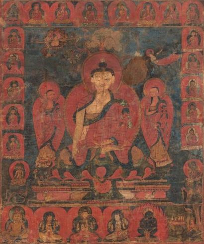 null THANGKA EN POLYCHROMIE SUR TOILE représentant le Bouddha Shakyamuni en méditation...