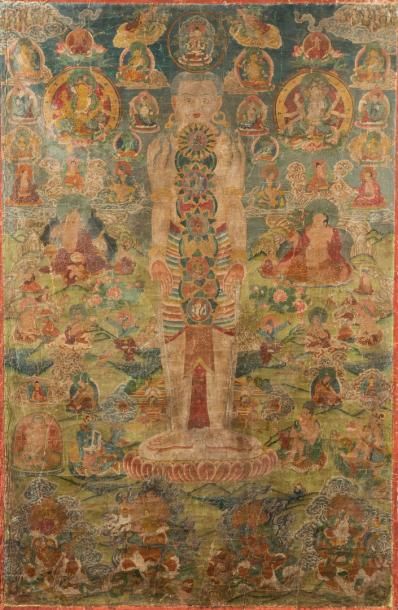 null GRAND THANGKA PEINT EN COULEURS SUR TOILE, représentant

l’Homme Cosmique, debout...