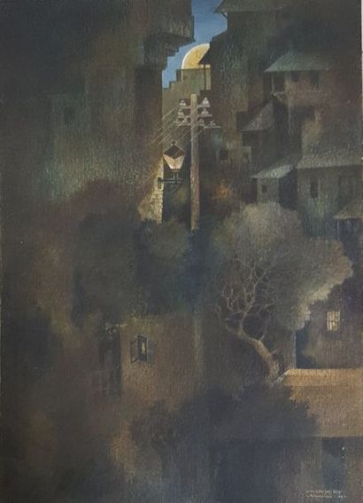 null DEY MANISHI, (1906-1966),

Ville la nuit, Gwalior, 1946,

gouache sur papier,...