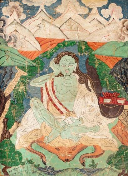 null PETIT THANGKA EN POLYCHROMIE SUR TOILE AVEC REHAUTS DORÉS

représentant Milarepa...