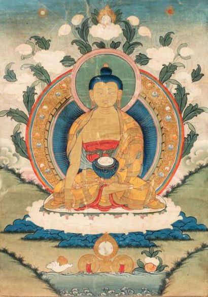 null THANGKA EN POLYCHROMIE SUR TOILE représentant le

Bouddha Shakyamuni tenant...