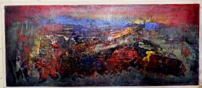 null ÉCOLE MODERNE, 

Ciel rouge, 1975, 

peinture sur isorel, trace de signature...