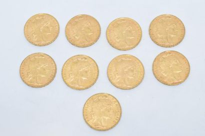 null 9 pièces en or de 20 francs au Coq (Dieu protège la France) (1904 A x 3 ; 1905...
