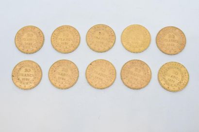 null 10 pièces en or de 20 francs Dupré (1875 A x 2 ; 1896 A x 4 ; 1897 A x 2 ; 1898...