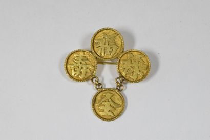 null Broche en or jaune 14k (585) à décor de signes chinois encerclés. 

Travail...