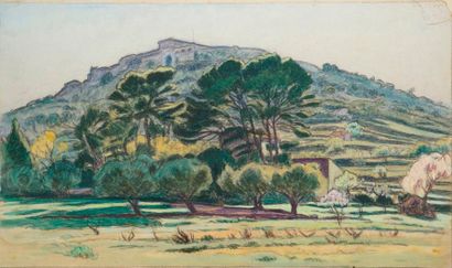 null GUILLOUX Charles Victor, 1866-1946, 

Village sur une colline, 

aquarelle gouachée...