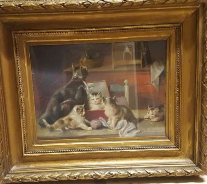 null LEROY H., fin XIXe siècle, 

Chatte, chatons et canari, 

pastel sur papier...