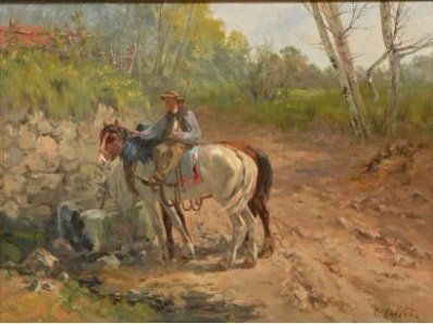 null CALVÈS Georges, 1848-1923, 

Paysan et ses chevaux à l'abreuvoir

Huile sur...