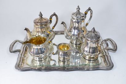 null Ensemble thé café en métal argenté composé de sept pièces : plateau de service,...