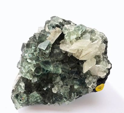 null Fluorine en cubes vert eau et rhomboèdres isolés de calcite blanche, Chine (17...