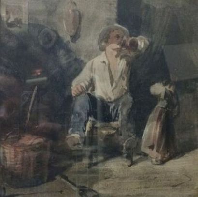 null ECOLE XIXème siècle

Le buveur

Encre et aquarelle, non signée, 

19x19cm.