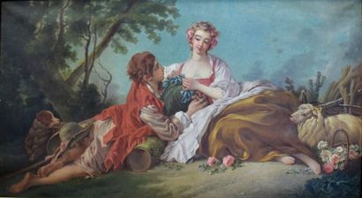 null GUEUX E. d'après Boucher
Scène romantique XVIIIème
Huile sur toile signée en...