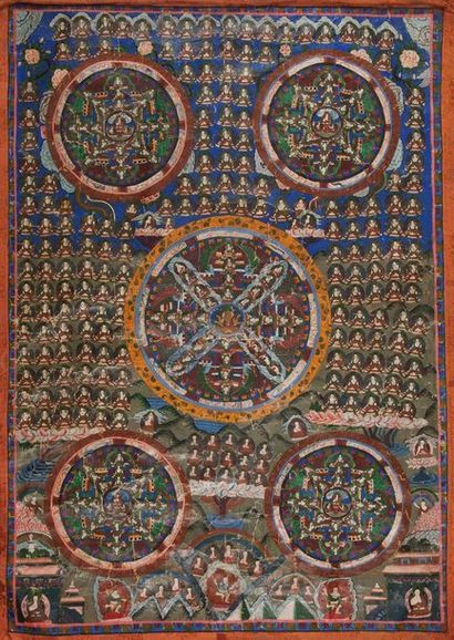 null Thangka en polychromie sur toile, structuré autour de cinq mandala, celui du...