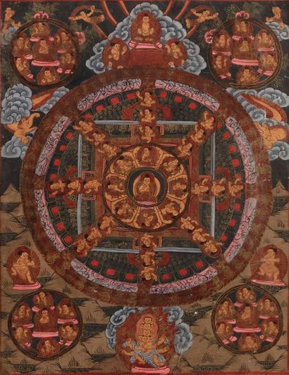 null Petit thangka en couleurs sur textile représentant le mandala du Bouddha Shakyamuni...