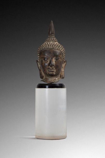 null Tête de Bouddha en bronze de patine brune avec trace de dorure.
Siam, XVIIème...