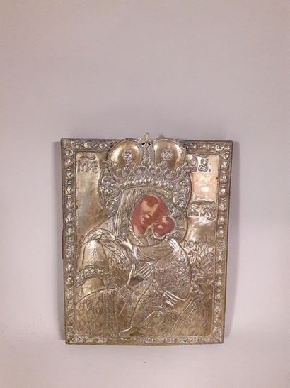 null Vierge de tendresse couronnée 

Recouvert d'un oklad en argent 

Grèce, XIXème...