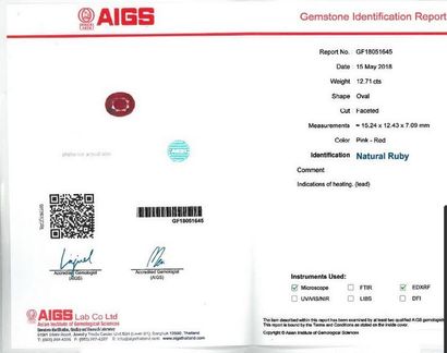 null Rubis sur papier

Poids du rubis : 12.71 ct

Accompagné d'un certificat AIGS...