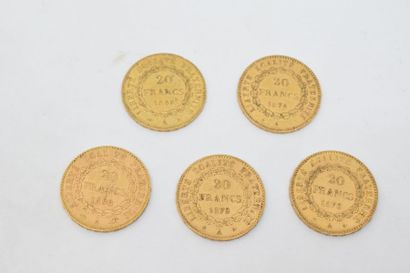null Ensemble de cinq pièces en or de type Génie : 1848 A - 1874 A - 1876 A - 1879...