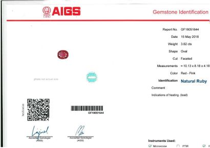 null Rubis sur papier

Poids du rubis : 3.62 ct

Accompagné d'un certificat AIGS...