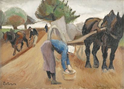 Robert LOTIRON Travaux des champs,1926 Huile sur toile, signée en bas à gauche, datée...