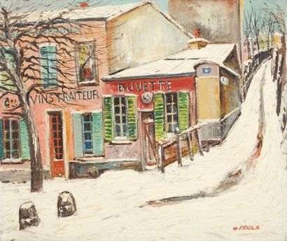 Charles FEOLA Le Lapin Agile sous la neige Huile sur toile, signée en bas à droite,...