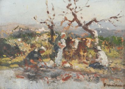 Fernand MAILLAUD La pause à l'automne Peinture sur toile marouflée sur carton, cachet...
