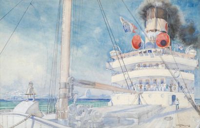 ALBERT SEBILLE Sur le pont, bateau du service postal Aquarelle gouachée (rousseur),...