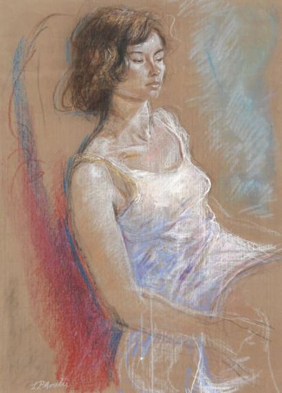 Lucien Philippe MORETTI Jeune femme à la chemise Dessin au pastel sur papier brun,...