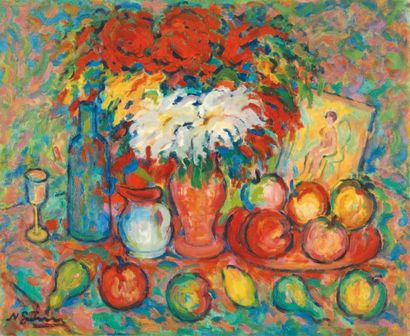 Nathan GUTMAN Fruits et bouquet Huile sur toile, signée en bas à gauche, 60x73cm...