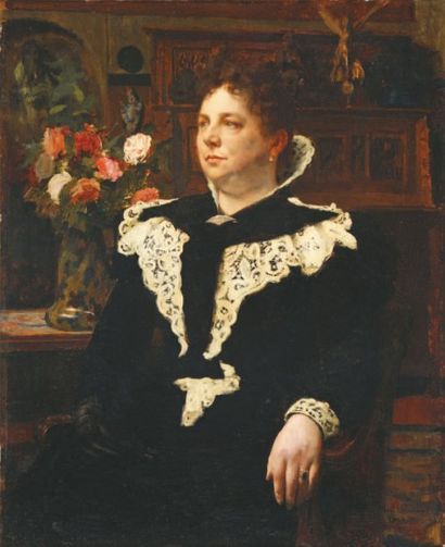 Paul Albert LAURENS La robe noire au col de dentelle,1897 Huile sur panneau, signé...