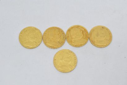 null Lot de 5 pièces. Louis XVIII 20 Francs or buste au collet 5 exemplaires (1814...